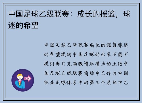 中国足球乙级联赛：成长的摇篮，球迷的希望